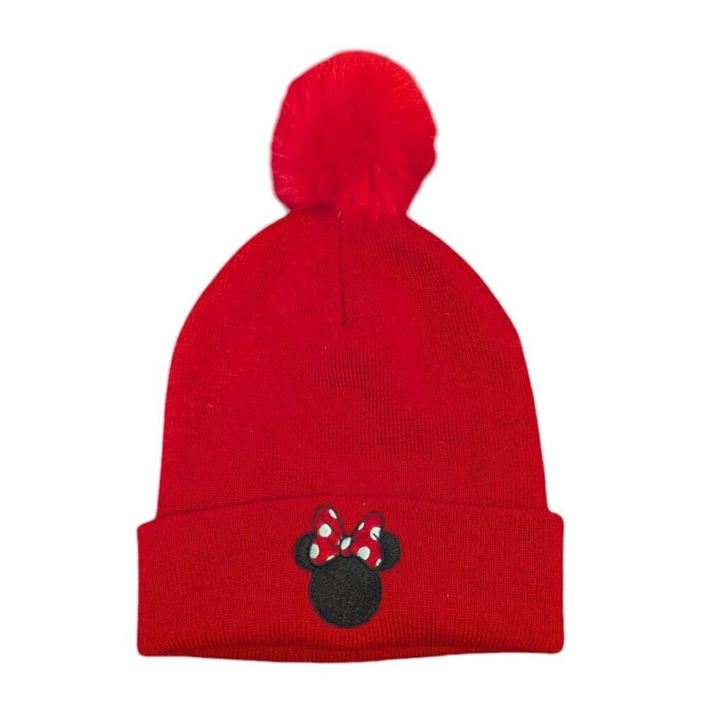 Disney Minnie Mouse Hat‎ Knit Beanie Cap Ears Patch Fuzzy Puff Pom Red